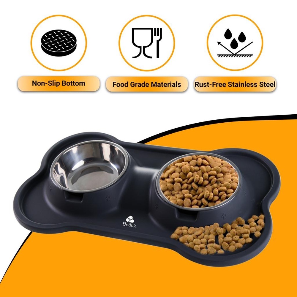 Pet Dog Cat Double Bowl Water Feeder Stainless Steel large Food Drinking Dishes
